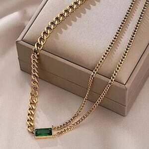 Gold Emerald Pendant Necklace, Chain Link Design, Perfect Special Occasions